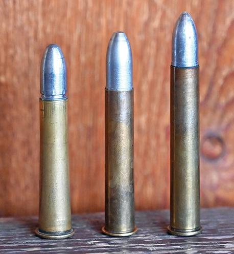 Three of the most popular .40 caliber cartridges for Midrange/Silhouette competition. Left to right: 40-65 WCF, 40-60 Maynard and 40-70 Sharps Straight.